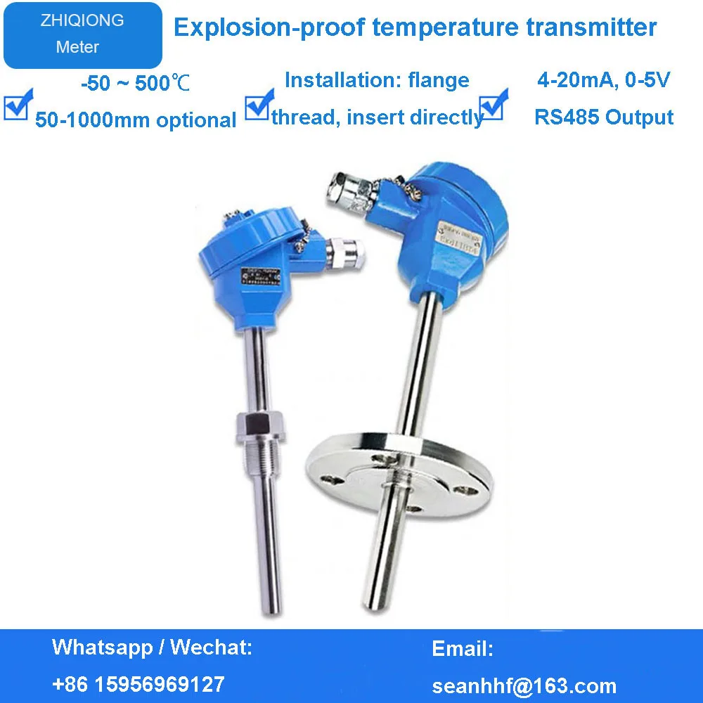 

Temperature Sensor PT100 -200~+600CC DC24V DC12V IP65 Movable thread Pt100 4-20mA Explosion Proof Fuel Temperature Transmitter