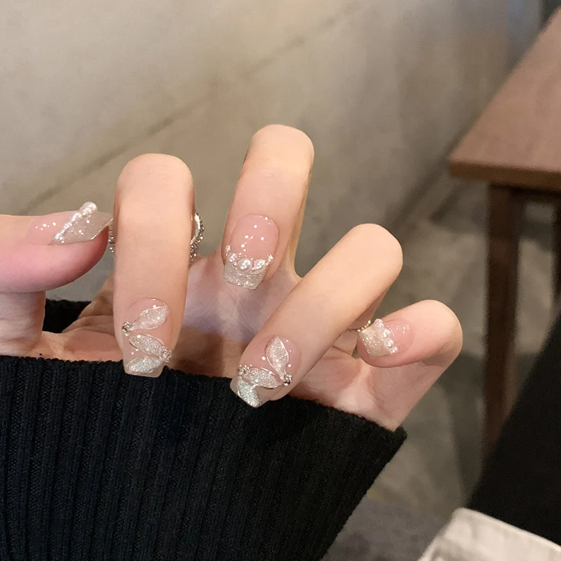 

10pcs Elegant Sweet Handmade Press on Nails Full Cover Silk Ribbon Pearl Cat Eye Wearable Fake Nails Manicure uñas postizas