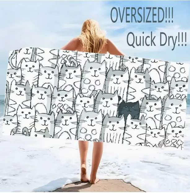 Sports Beach Towel with Cat Pattern Quick Drying Towel for Swimming and Sand Prevention Beach Towel