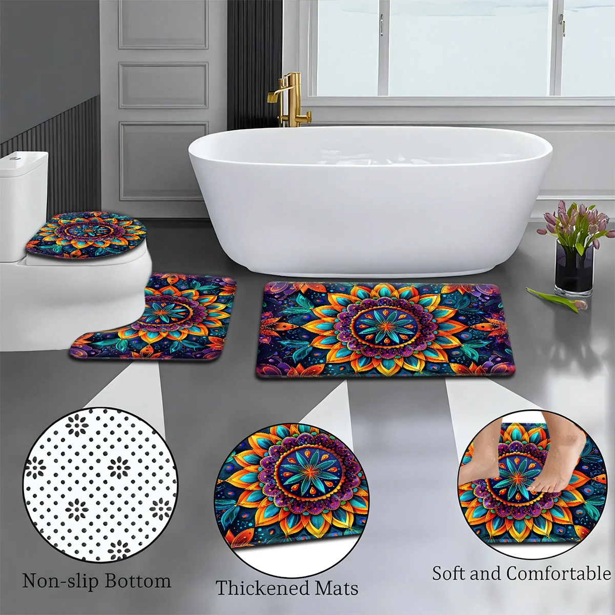 3pcs Vintage Mandala Bathroom Rug Set Non-Slip U-Shaped Mat and Toilet Lid Cover Ethnic Floral Theme Washable Floor Mats