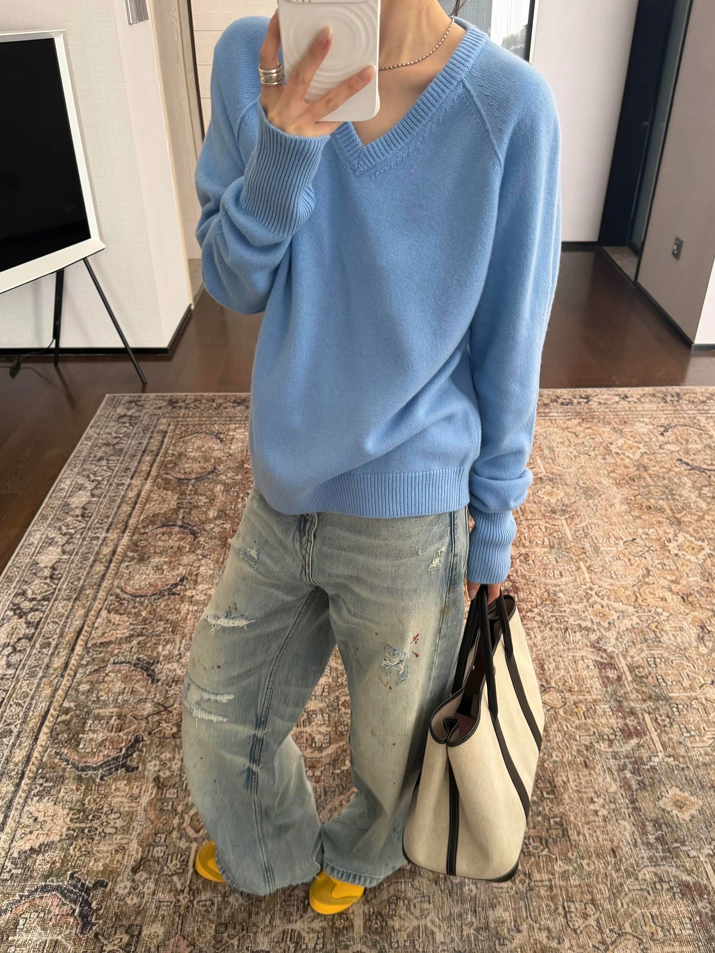 

Blue V-Ne Oversized Knitted Sweater Casual Loose oulder Sve Women's Pilot Lazy Sle Comfortable Fit All-Match Top
