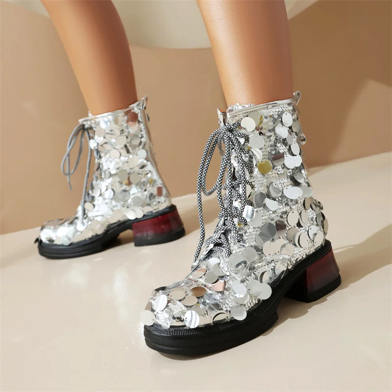 

2024 осень-зима, модные зрелые блестящие тканевые короткие ботильоны, женская обувь с перекрестной шнуровкой на блочном высоком каблуке, яркая женская обувь, Новинка