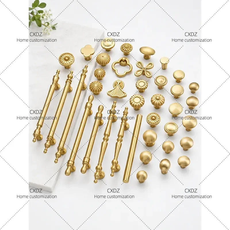 2pcs Brass Cabinet Door Handle Cream Style Light Luxury Gold Wardrobe Drawer Single Hole Knob for American French Home Decor