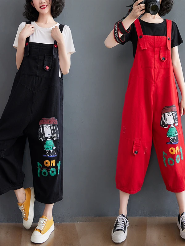 

Summer plus Size Denim Overalls Casual Wide Leg Pants Cartoon Print High Waist Nine Points Lantern Pants for Plump Sister
