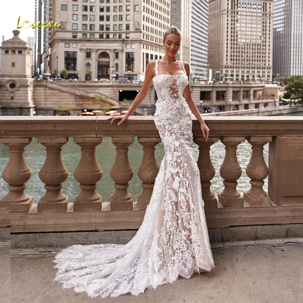 Loverxu حورية البحر فساتين زفاف أنيقة قارب الرقبة البوق فيستدو دي نوفيا الدانتيل والتطريز خمر مخصص فستان زفاف