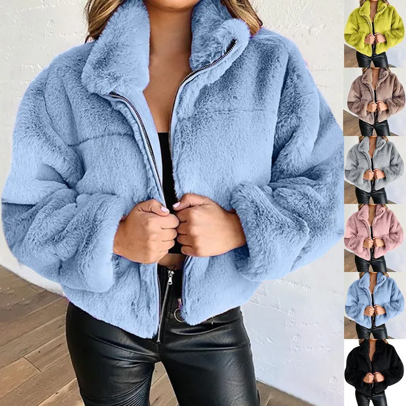Women's Winter Female Thick Loose Fit Solid Color Stand Collar Long Sleeve Zipper Jacket with Multiple Pockets Woman Cropped