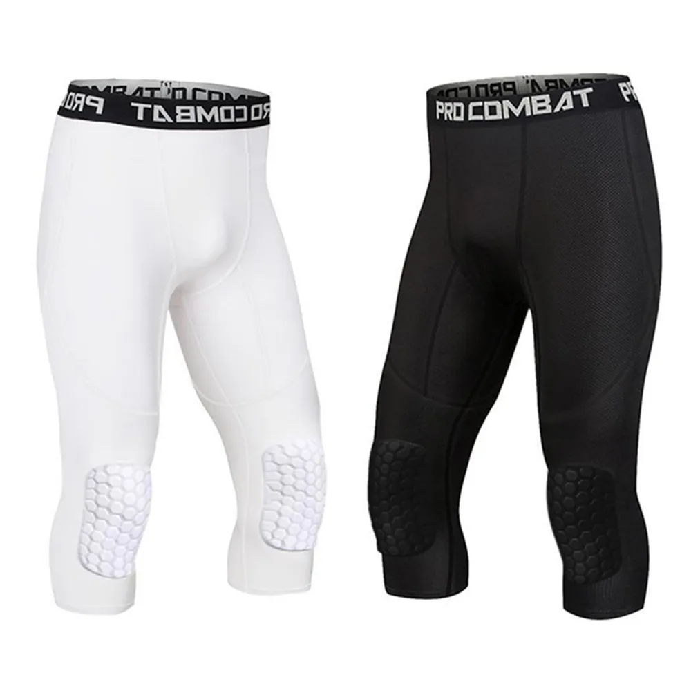 Men Sports Pants Base Layer Knee Pads Cropped Pants Tight Basketball Leggings Training Fitness Running Bottoms S M L XL 2XL 3XL