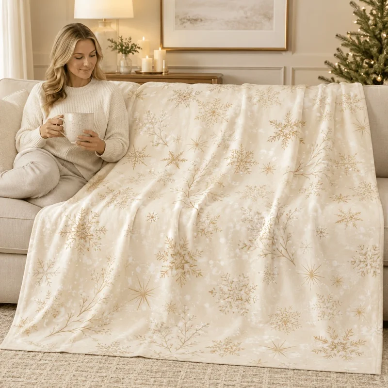 Golden Snowflake Branch Print Throw Blanket, Neutral Home Textile for Christmas Indoor Use