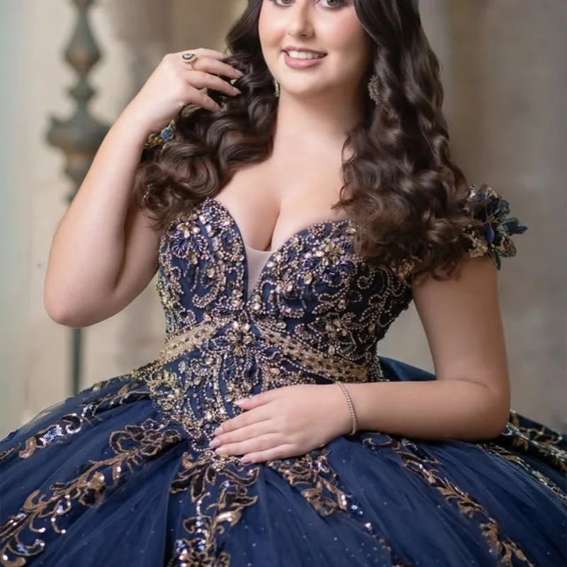 

Shiny dark blue Quinceanera Dress off-shoulder crystal golden glitter Decal Long tail Bow vestidos de 15 Quinceanera ﻿Customize