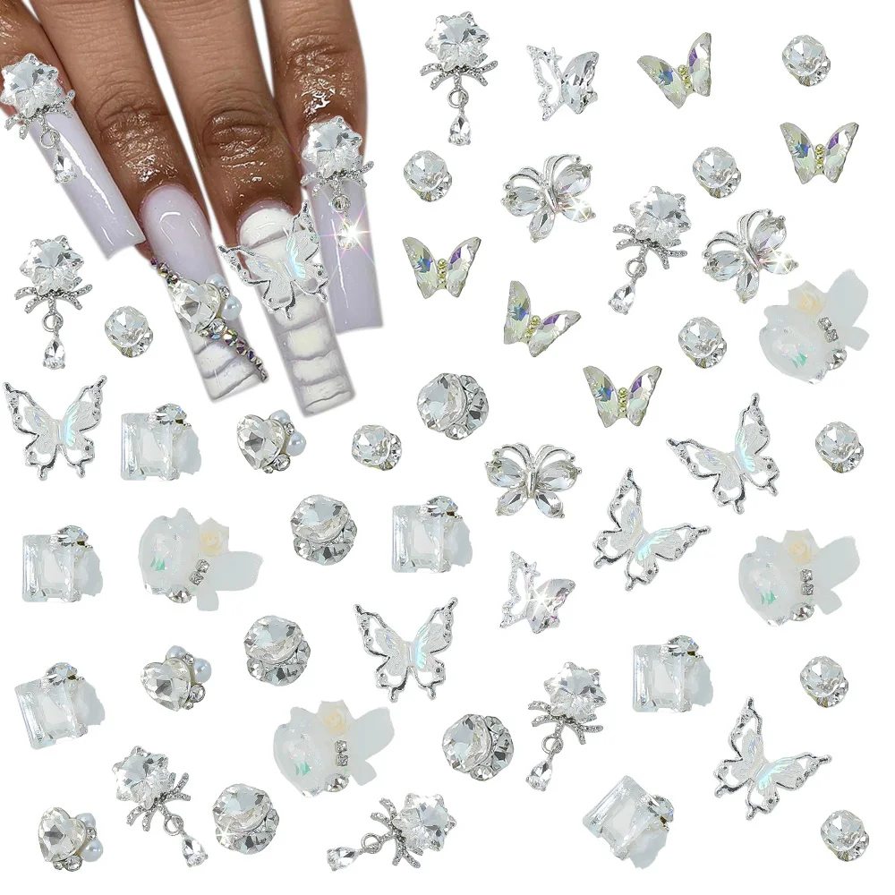 3D helder kristal vlinder steentjes nail art charmes 20 stuks gemengde metalen vlinders bloem bungelen diamant nagel edelstenen nagel ambachten