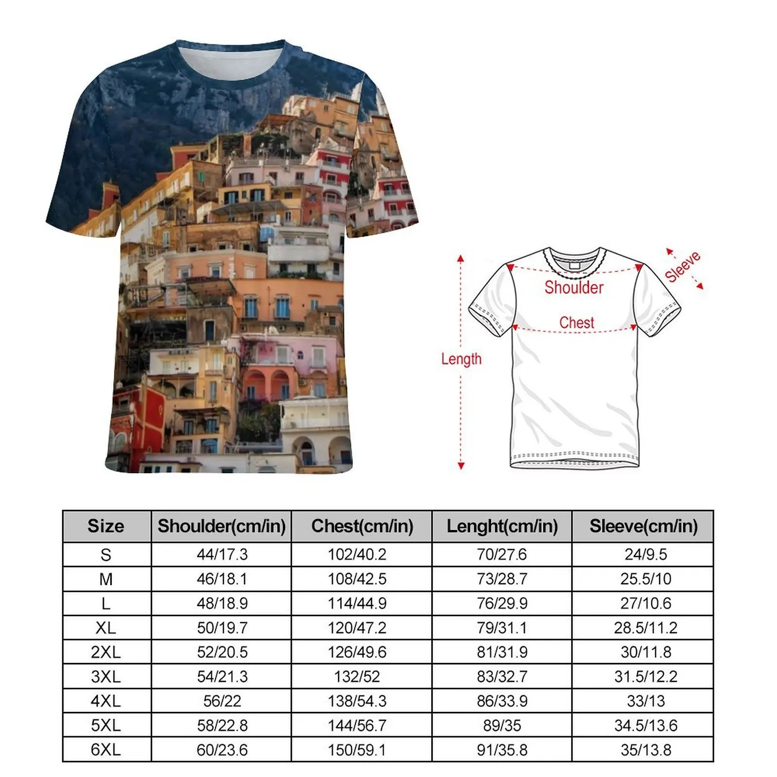 Architecture Mountains T-Shirt Italy Positano Hippie T Shirts Mens Y2K Fun Tee Shirt Summer Short Sleeve Custom Tees Big Size