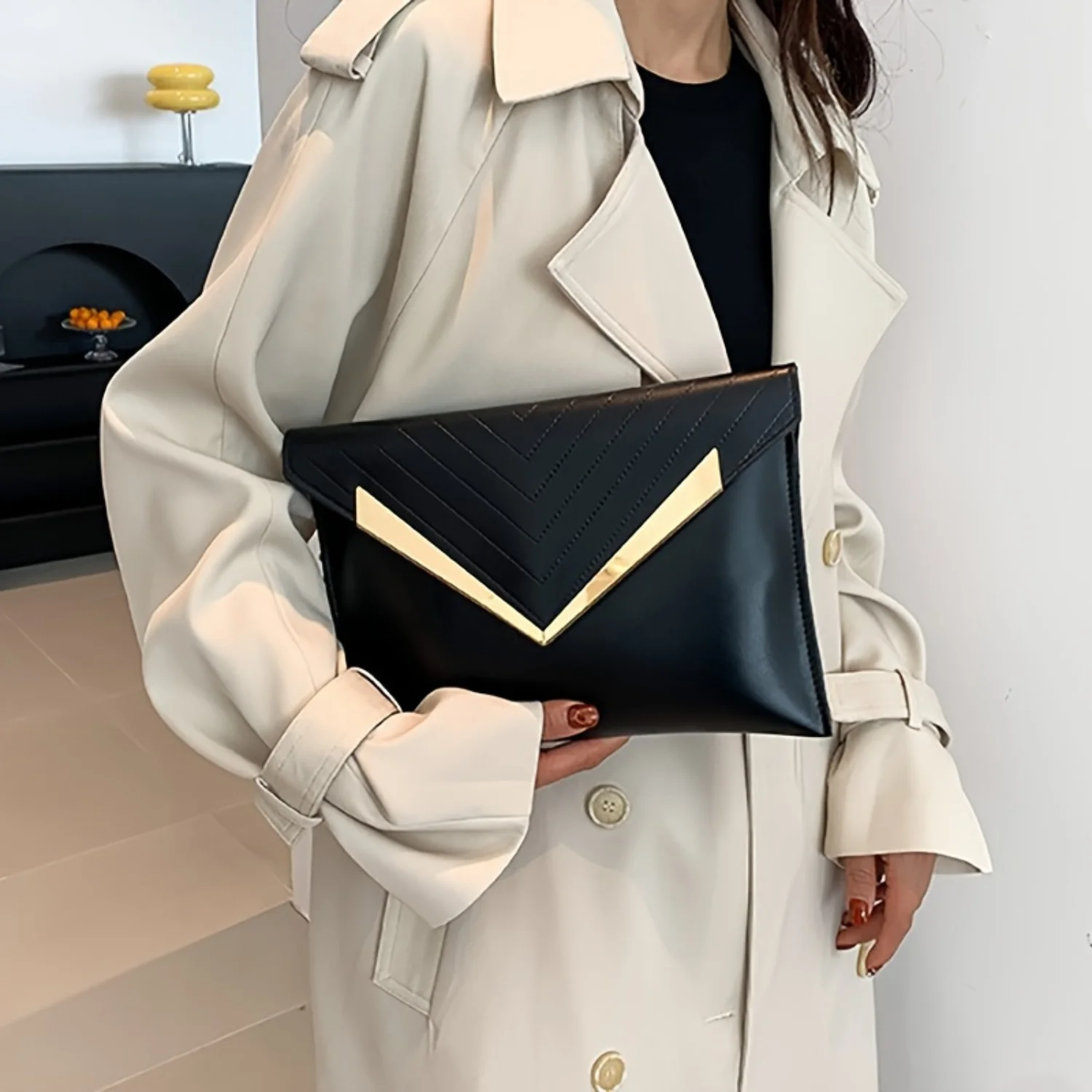 Leather Envelope Clutch Bag, Fashion Textured Wristlet, Chevron Stitching, Evening Purse.