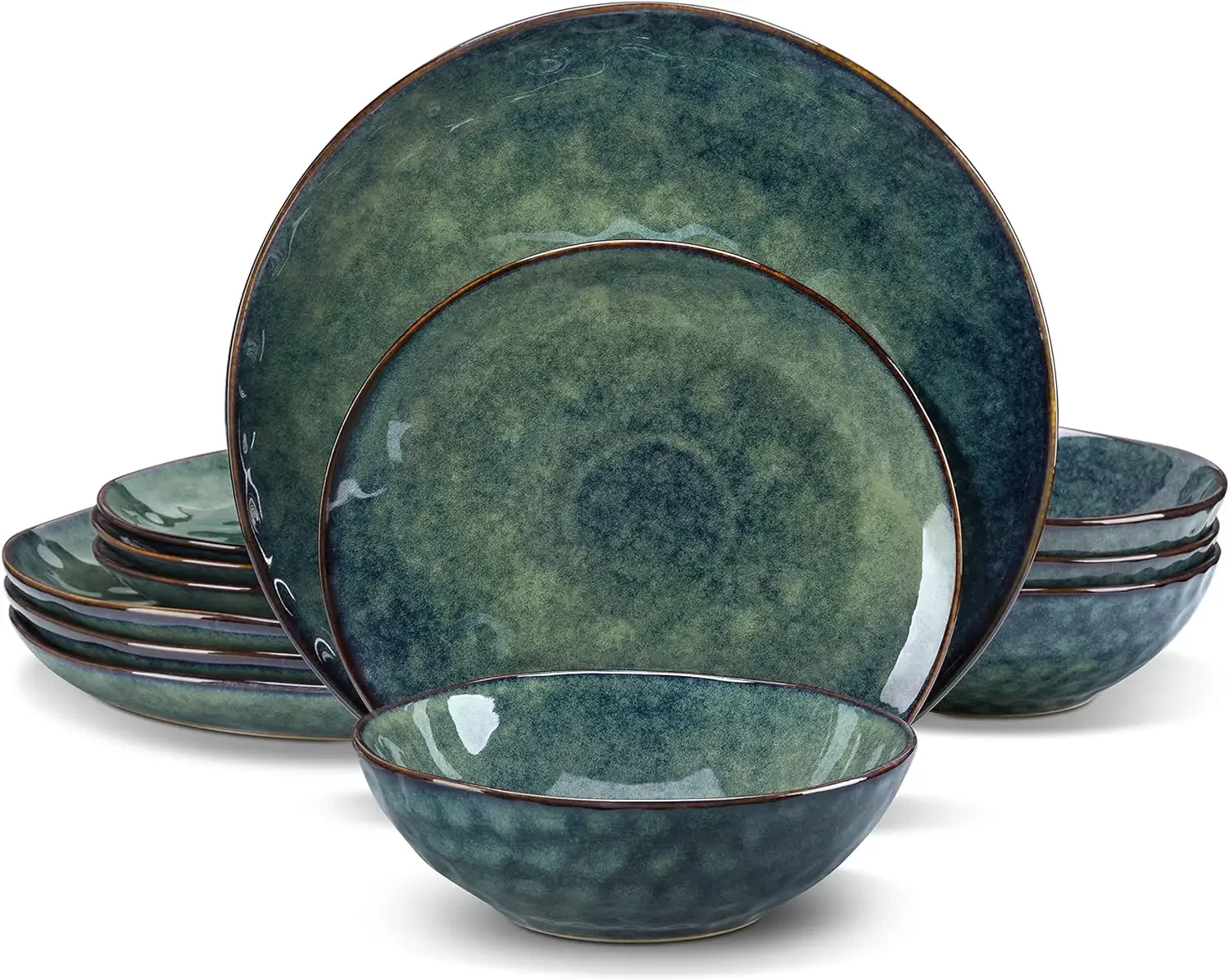 

%a Starry 12 Pieces Green Dinnerware Set, Reactive Change Glaze Dinner Set, Plates and Bowls Set