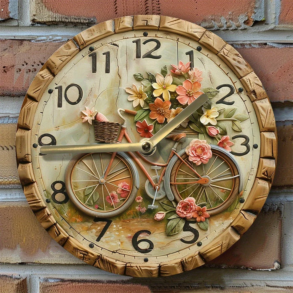 DIY Wall Clock Kit with High-Definition Bicycle and Flowers 2D Print, Craft Assembly Set for Home Decor – Mother's Day Gift Idea