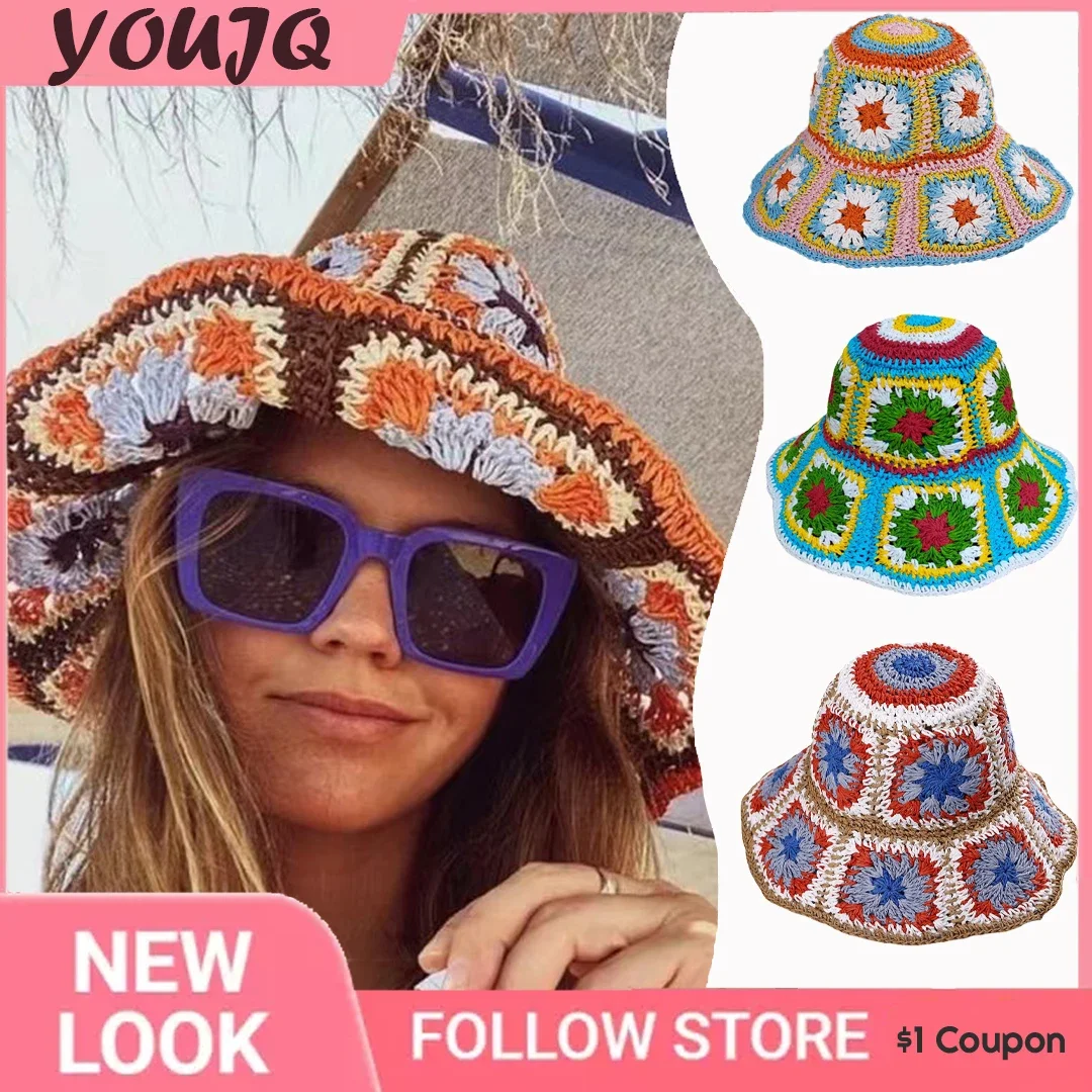 Colorful Raffia Crochet Bucket Hat Handmade Rainbow Straw Granny Square Flowers Summer Beach Sun Fisherman Hat Gorro Piel кепка