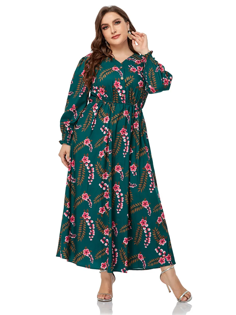 

A18217 # Plus Size Women's Clothing Elegant Waist-cinching Long-sleeve Printed Dress Long Skirt Dubai Luxury Islam Elegant