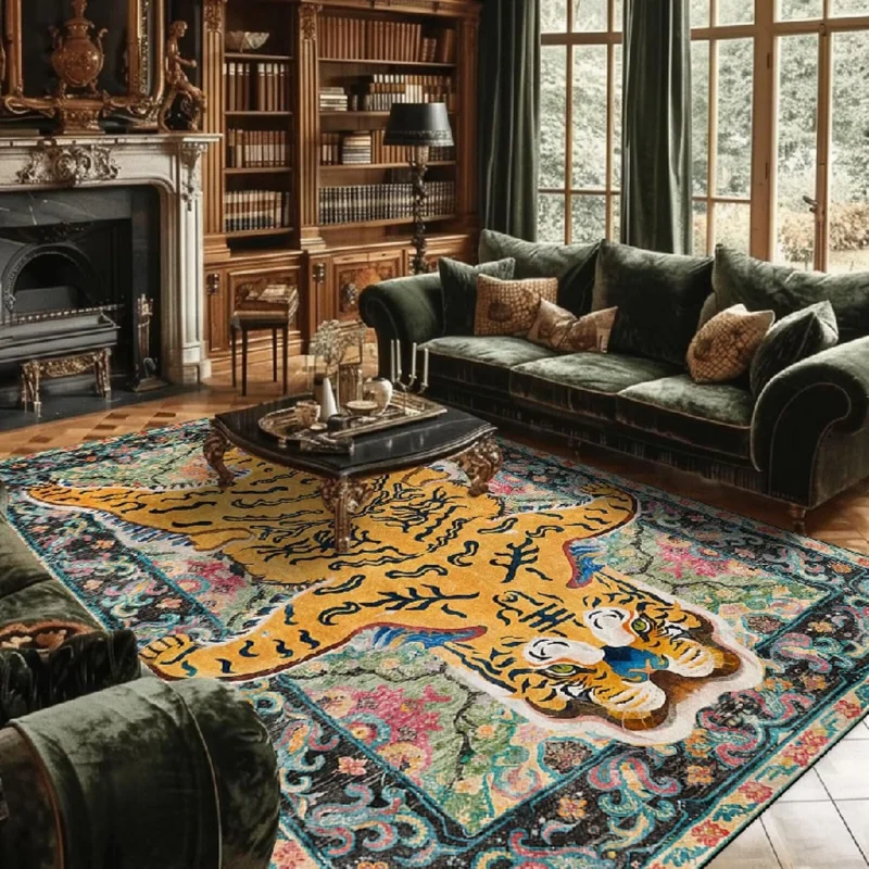 VIKAMA Bohemian Tiger Area Rug Animal Print Floral Carpet Yellow Orange Living Room Bedroom Decor Large Floor Rug Washable