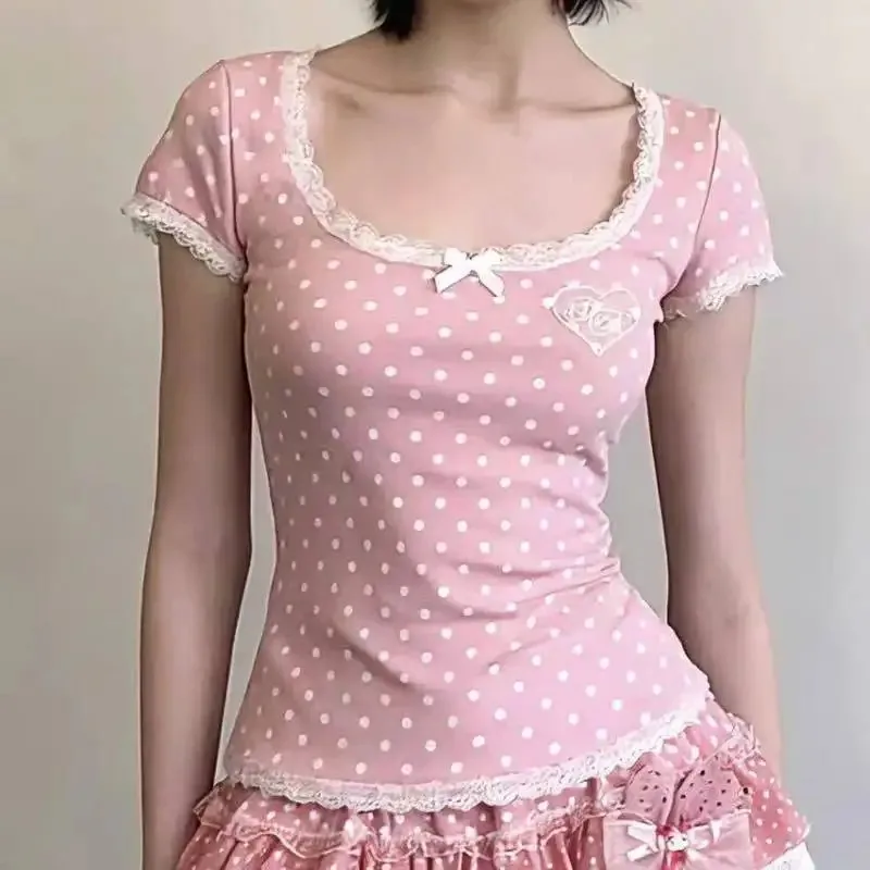 Slim Fit Bow Front Polka Dot T-Shirts Women Harajuku Short Sleeve Tees Y2K Cute Soft Comfy Daily Casual Trendy Fashion New Tops