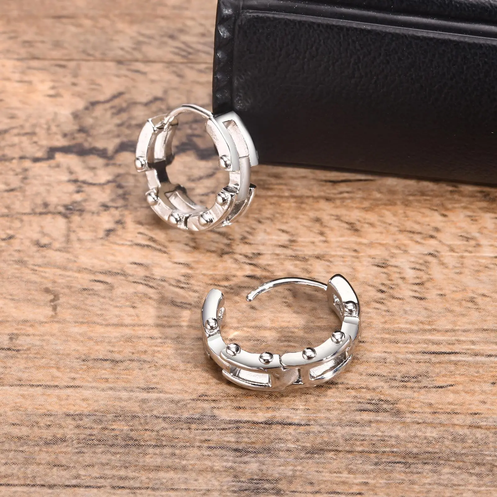 Vnox Punk Rock Nail Chain Hoop Earrings, Men Boys Silver Color Metal Hoops Earrings, Male Piercing Ear Jewelry Gift image 5