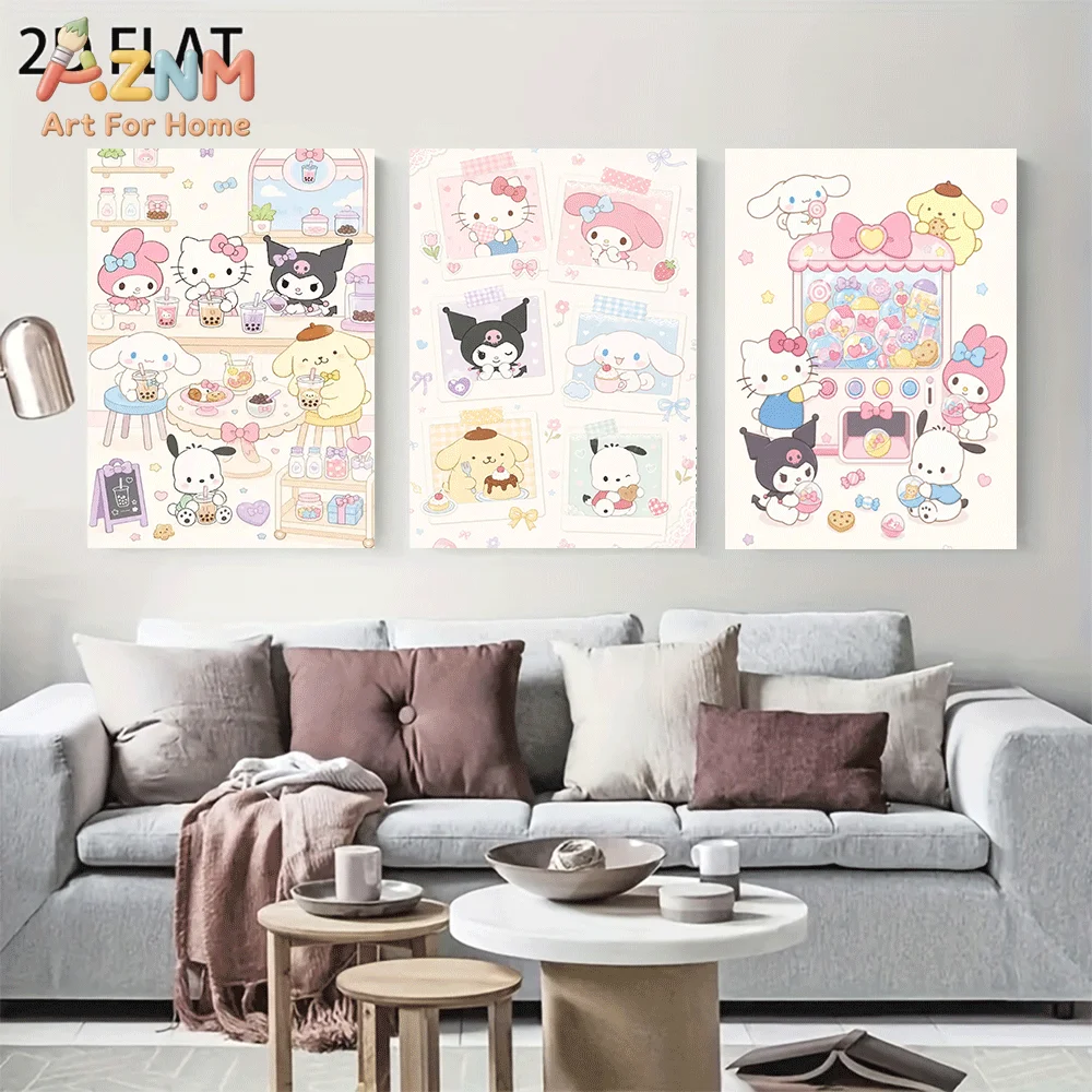AZNM Sanrio Characters Canvas Wall Art Unframed Cute Cartoon Print Poster Hello Kitty Kuromi My Melody Cinnamoroll Sweet Candy S