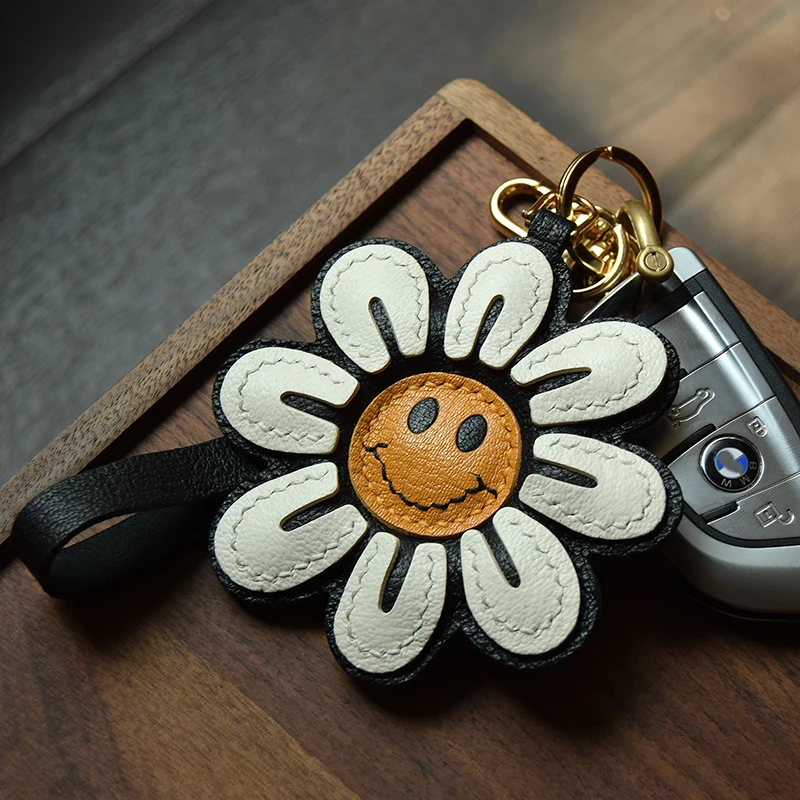 Handmade Leather Smile Sunflower Bag Charm KeyRing Key Chain