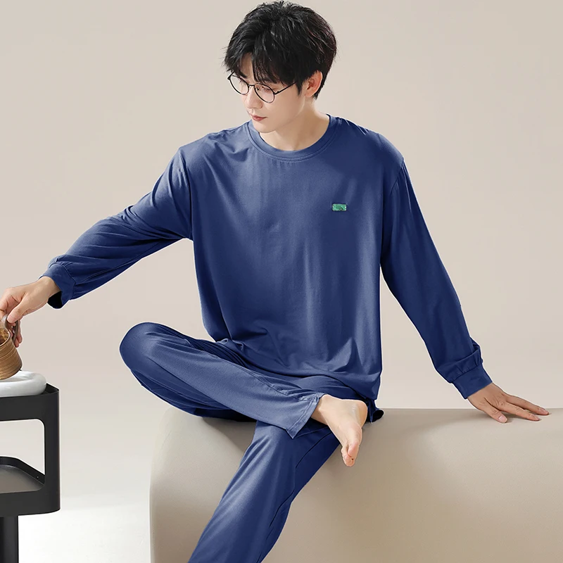 Dark Blue Men Pajamas Set Long Sleeves Long Pants Autumn Winter Cozy Sleepwear Soft Pyjamas Boy Pijamas Male Nightshirt Modal Pj