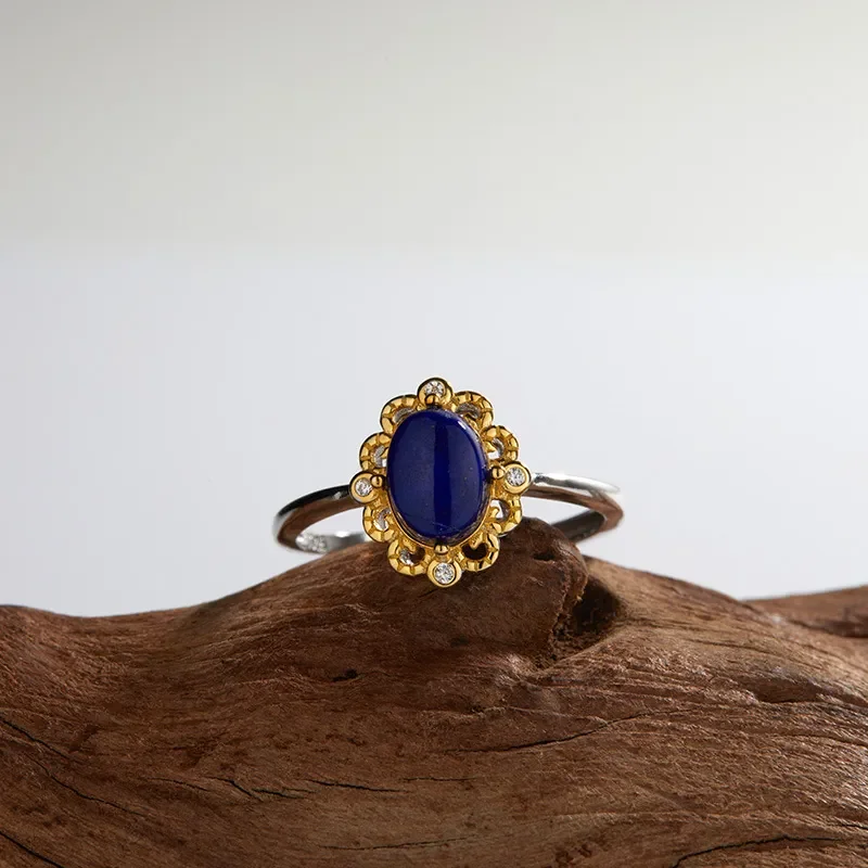 Color treasure ring s925 sterling silver inlaid with natural topaz lapis lazuli flower ring women's fashion versatile open