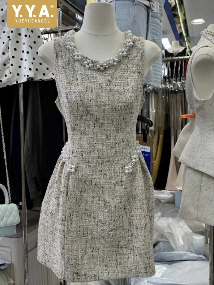 Elegant Women Summer Diamonds Beading Tank Dress Ladies Birthday Party Slim Fit A Line Sleeveless Dresses New French Style Dress