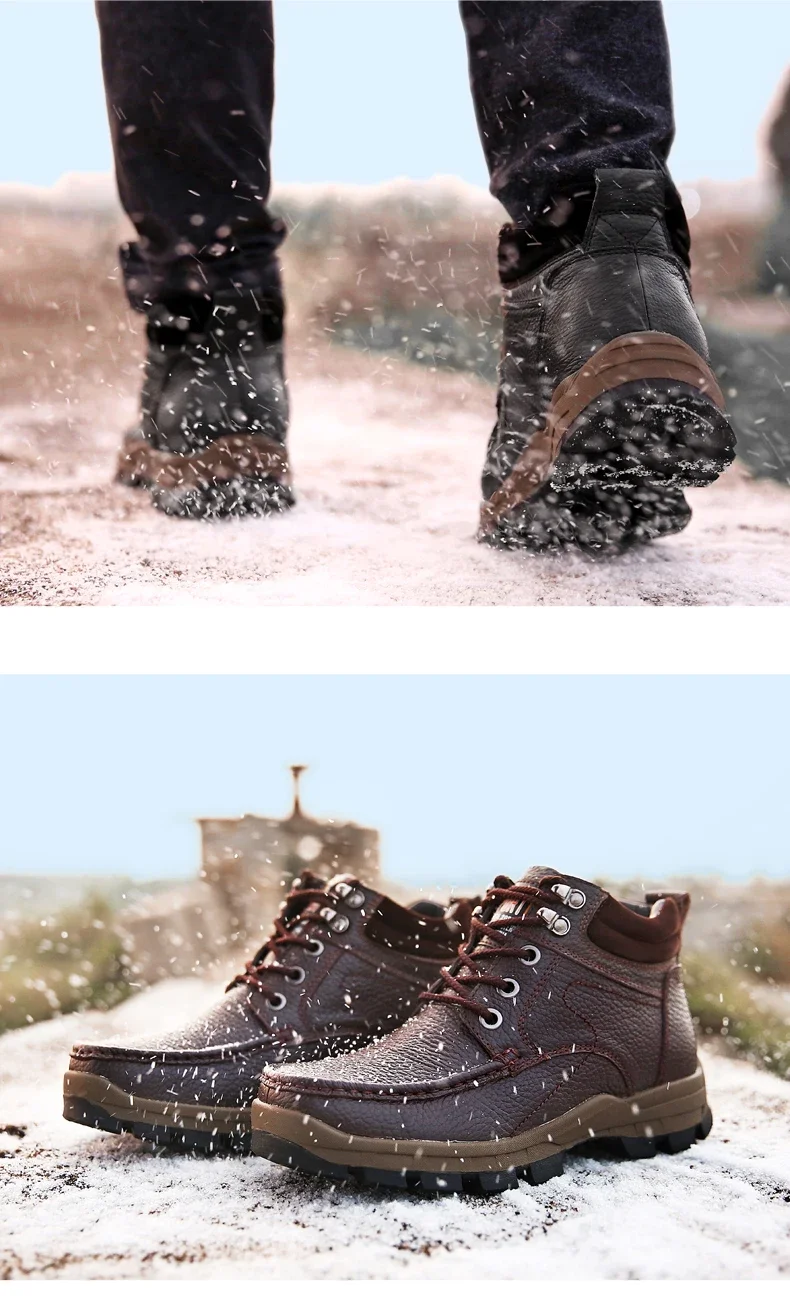 Botas de nieve cálidas de cuero genuino para Hombre, zapatos de moto informales, marca de invierno, talla grande