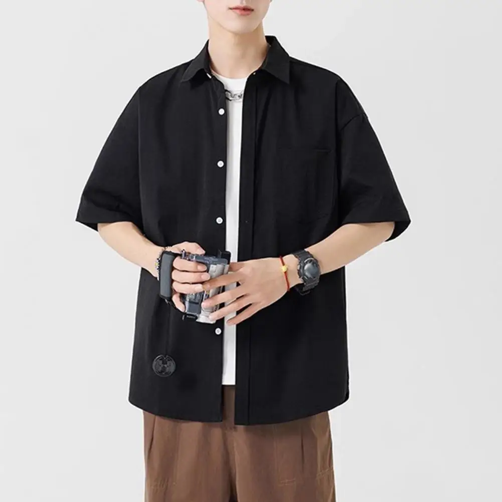 เสื้อผู้ชายคอกระเป๋า Casual Beach แขนสั้นสีทึบชายเสื้อยืด Vintage Streetwear Beach หลวม Top