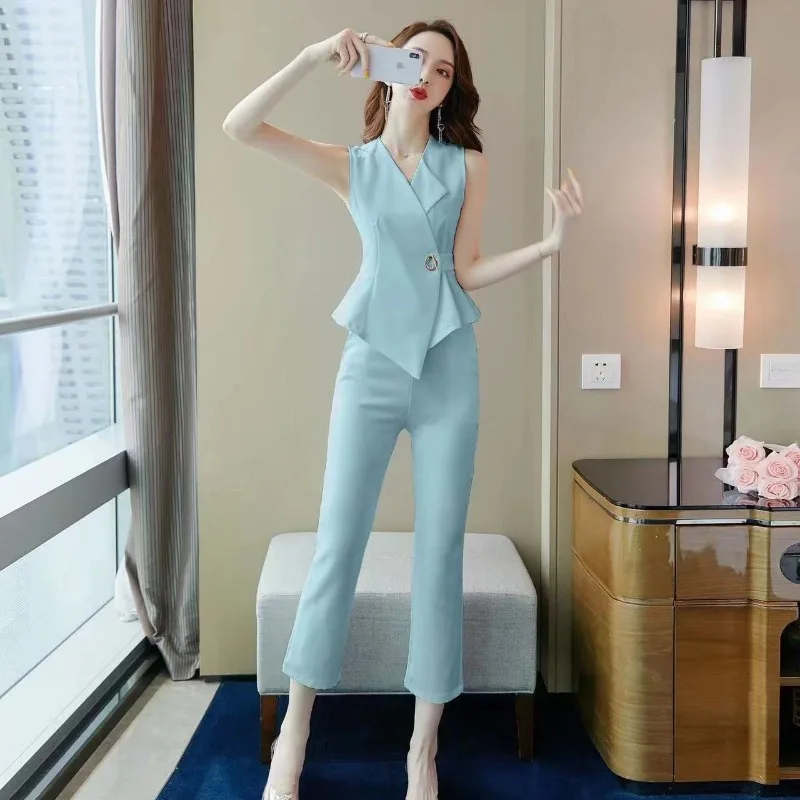 New Fashion Design Slim Summer Women's Suit Sleeveless V-neck Irregular Vest Top + High Waist Calf-length Pants Two Piece Set