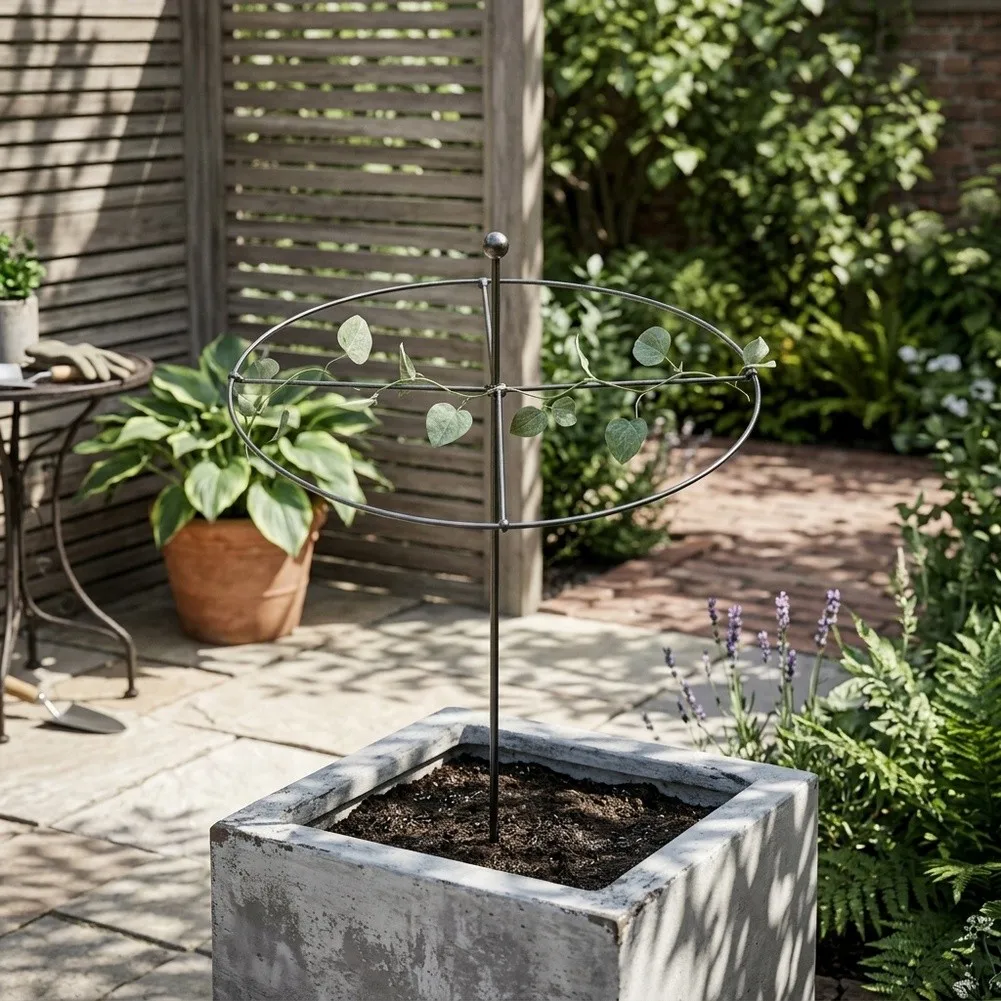 Round Trellis Ring with Central Stake for Supporting Plants in for urban Gardens Rooftop Planters and Compact Outdoor Spaces