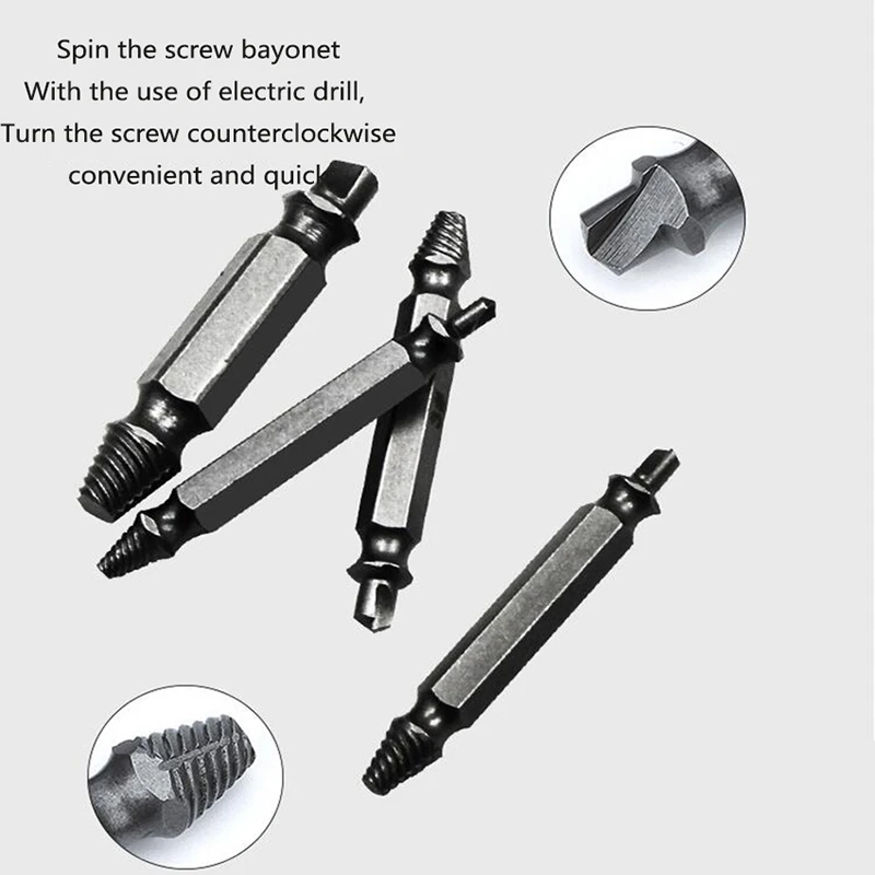 Double Side Drill Out Damaged Screw Remover Extractor Out Handymen Broken Bolt Stud Removal Tool Kit 4pc #1 #2 #3 #4