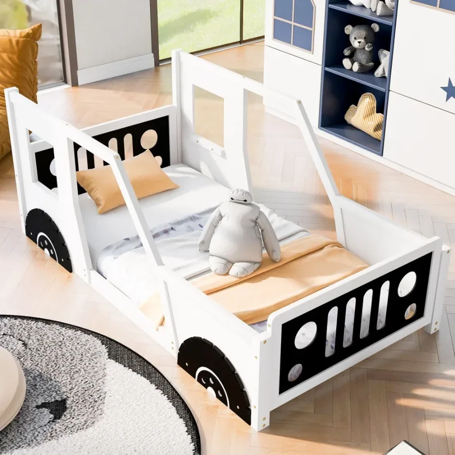 

Twin Size Classic Car-Shaped Platform Bed with Wheels White