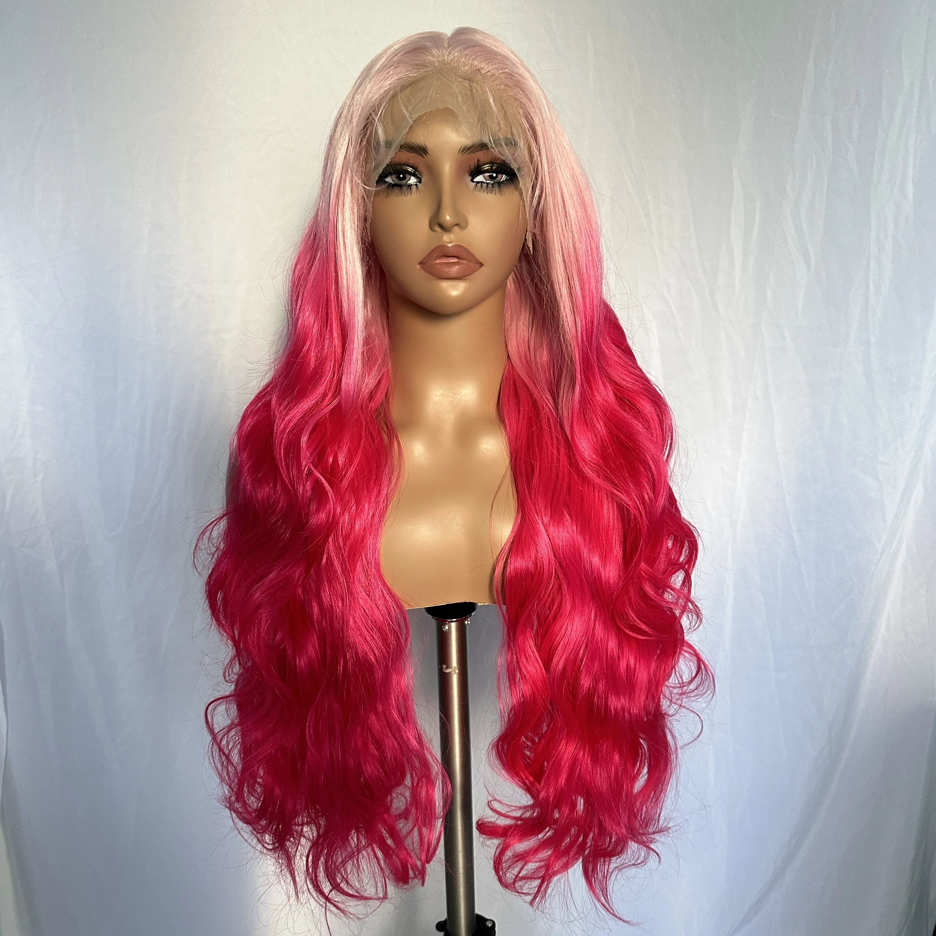 

X-TRESS Natural Synthetic Transparent Lace Front Wigs Light Pink Ombre Dark Pink Free Part Wigs Long Wavy for Black Women Daily