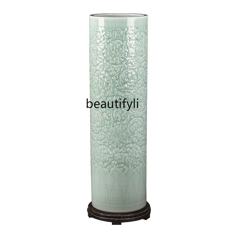 Ceramic Light Luxury Carved Floor Vase Celadon Glaze Quiver Living Room Entrance Hotel Chinese Style Decoration