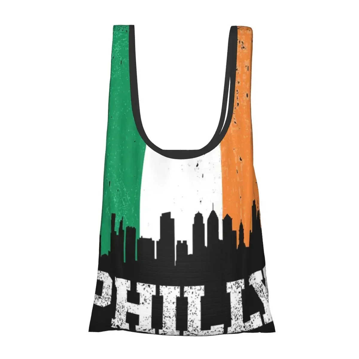Vintage Philadelphia Irish Flag Philly Skyline Pride Portable Tote Large Capacity Shopper Bag Grocery Handbag Shoulder Bag