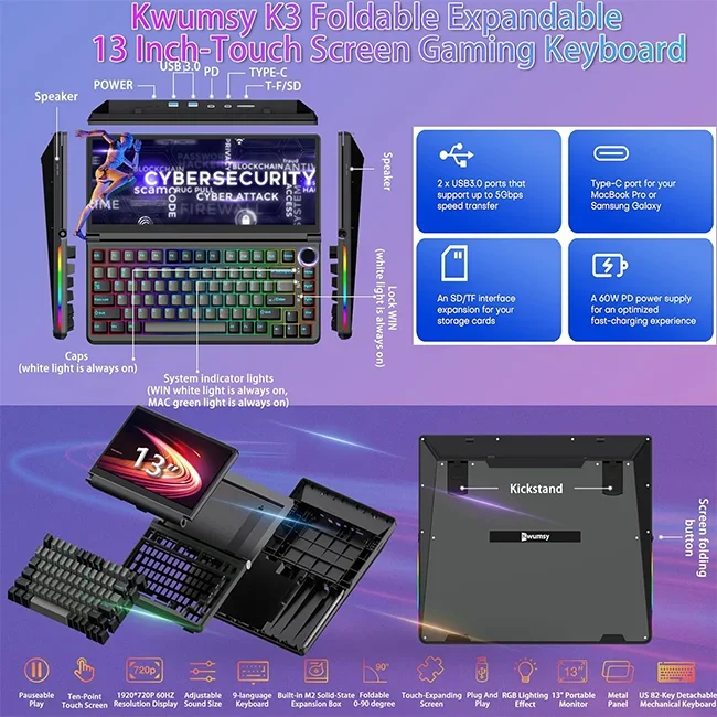 K3 Mechanical Gaming Keyboard with Touchscreen 82 Keys Keyboard with Screen 13 inch 10-Point Foldable Touchscreen Keyboard