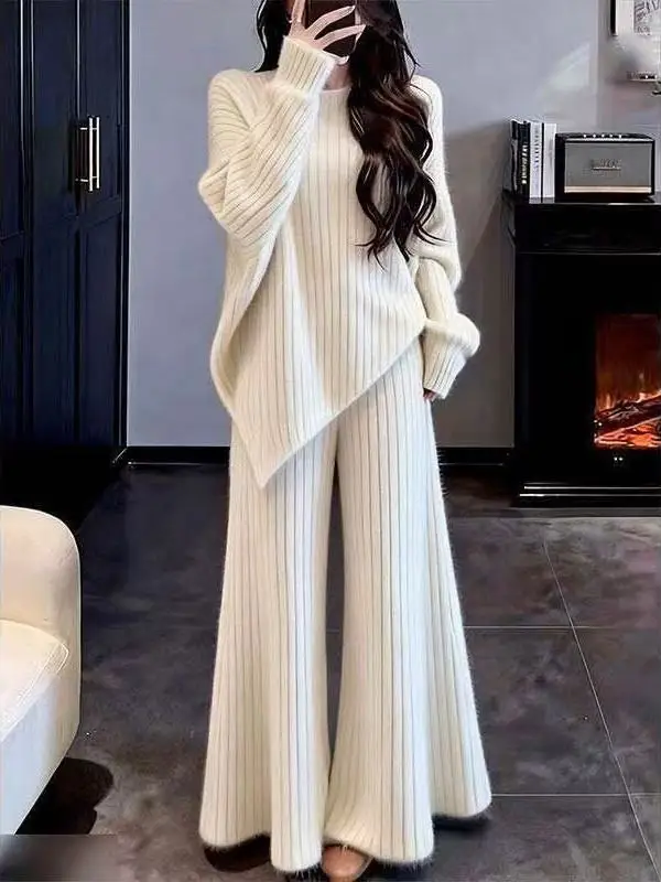 Ladies Soft Cozy Sweater High Waist Wide Leg Pants Two Piece Set Fashionable Lazy Style Winter New Arrival High End Feeling image 5