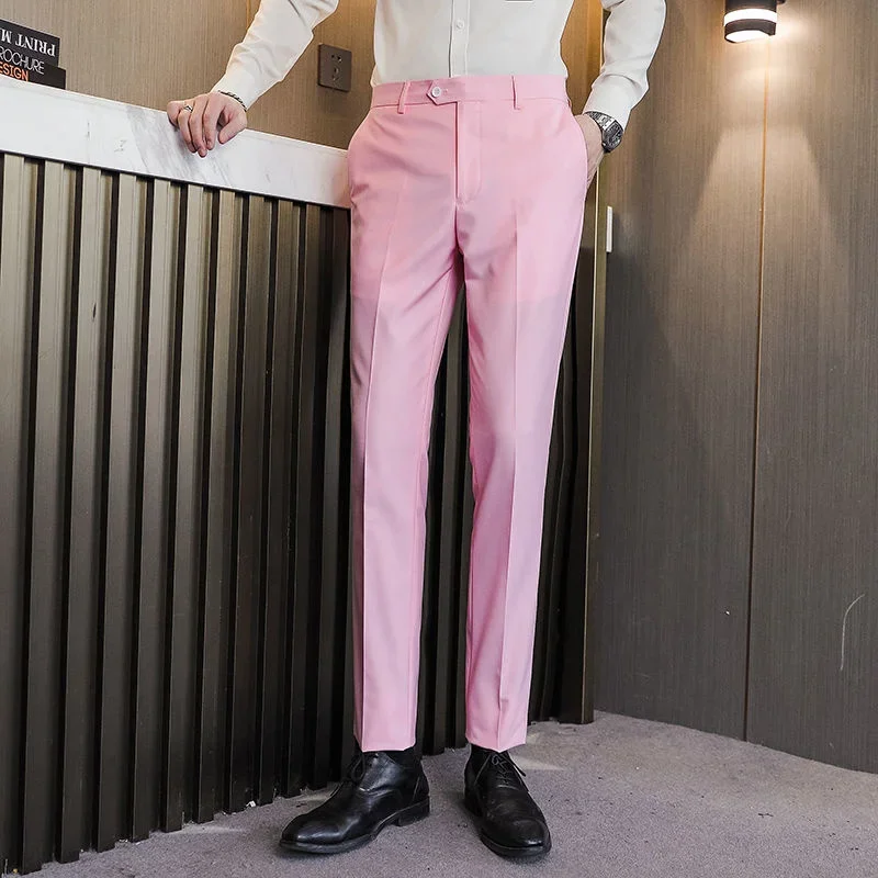 

Green Solid Color Pants Spring Men Trousers Luxury Versatile Pant Trousers British Pantalon Homme Slim Pant Men Pink Purple Red