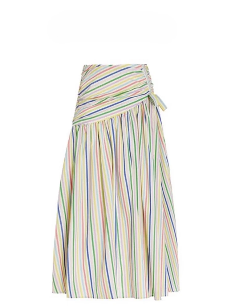 

Summer New Skirts Striped Contrast Color Pleated Irregular Patchwork Long Skirt 2025 Female Slim All Match Design Women Clothing