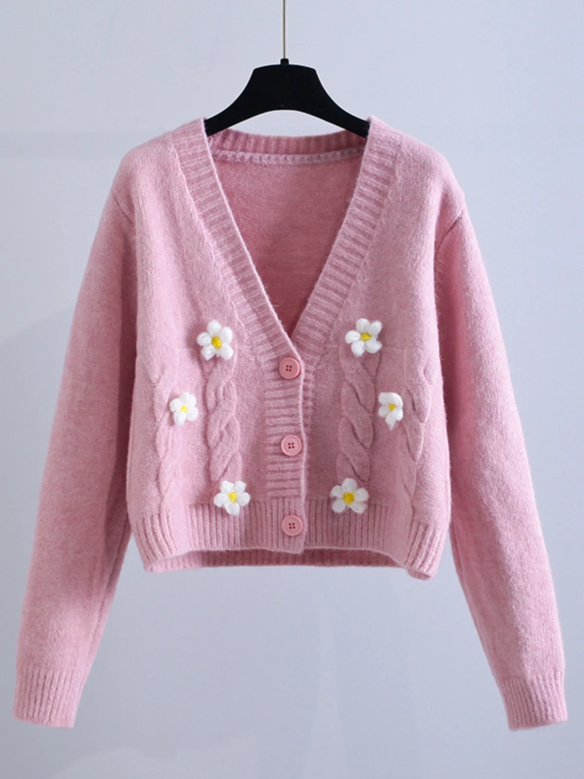 

Spring Autumn V-ne Knitted ort Sweater Women's Small Size Twist Flower Cardigan Top Brand Bule Tee-dimensional Flowers