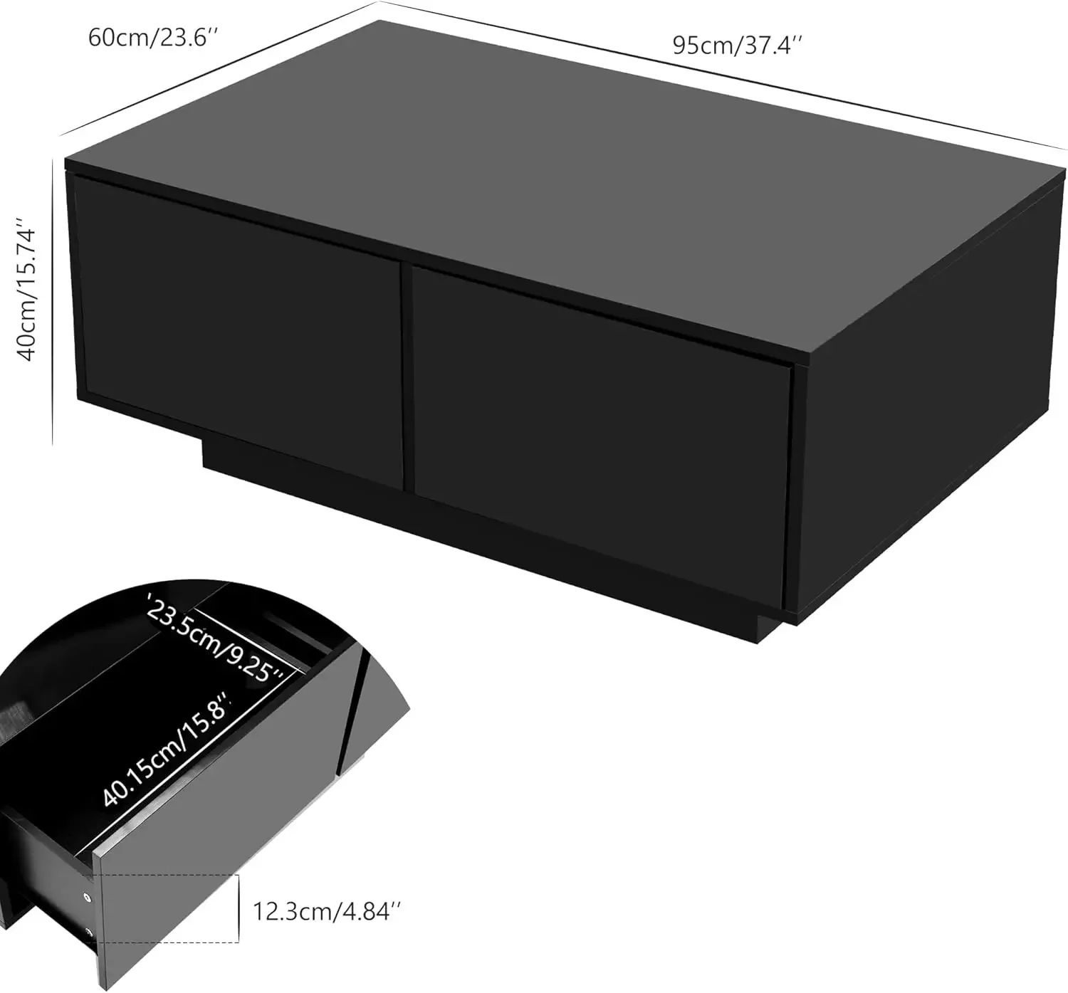 Mesa de centro LED com gavetas de armazenamento, mesa central moderna de alto brilho com luzes LED de 20 cores para sala de estar (preta)