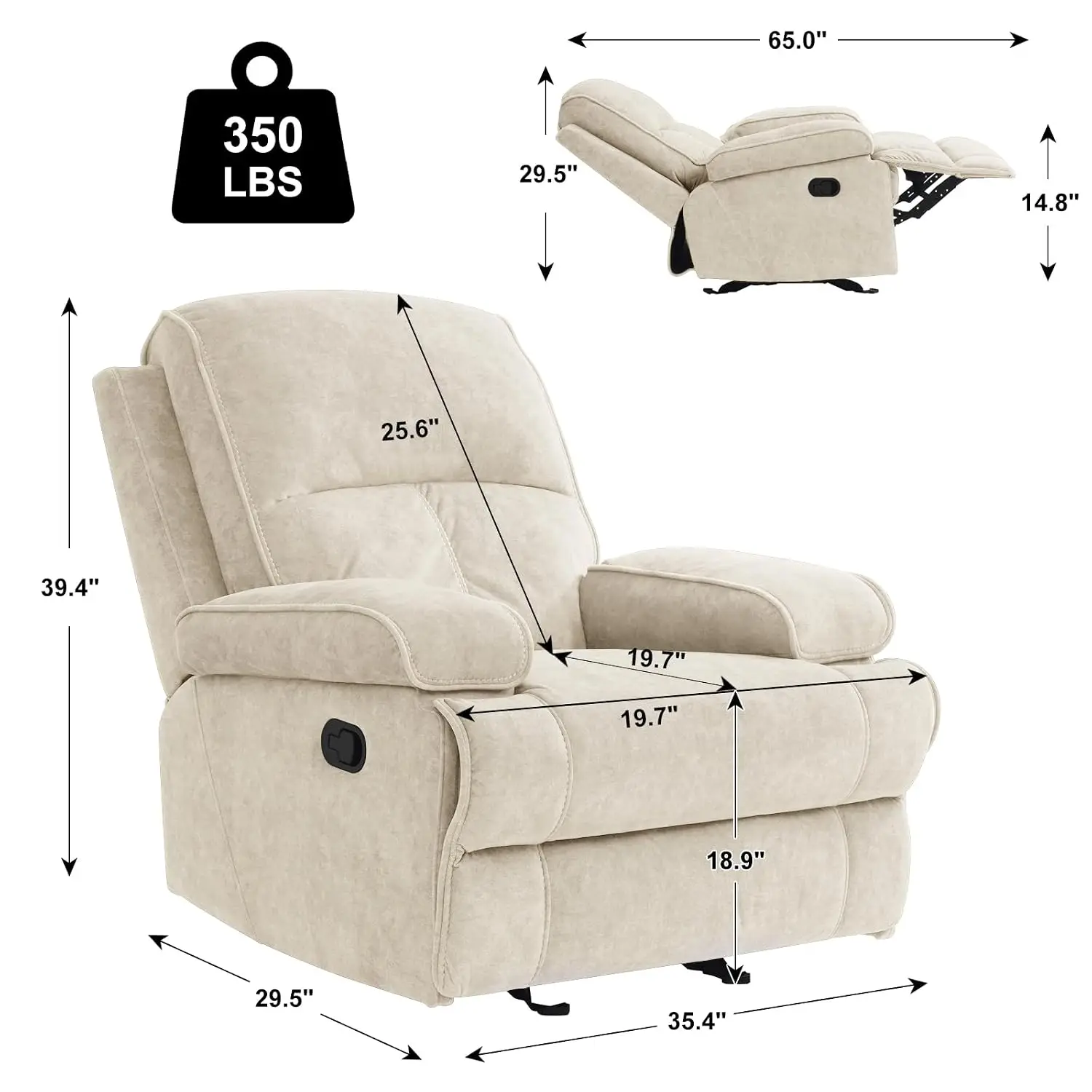 Manual Rocker Recliner, High Back Glider with Deep Seat, Fabric Armchair for Living Room & Nursery, Beige, Customized