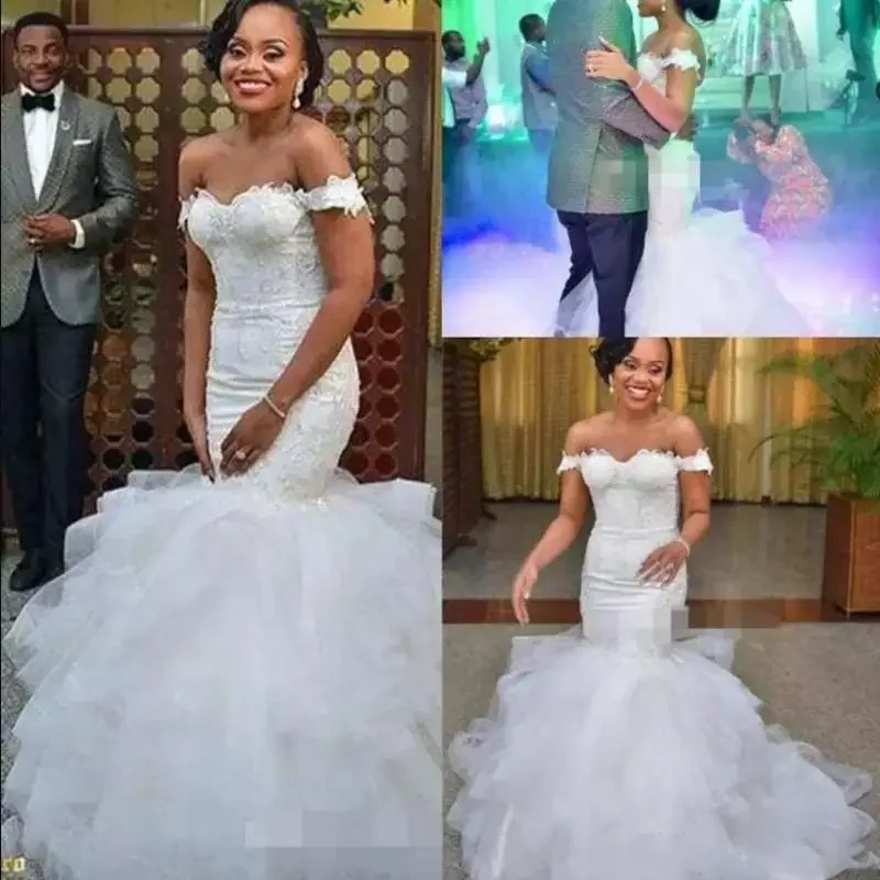 

Customized African Off Shoulder Country Style Mermaid Wedding Dresses Elegant Applique Ruffles Chapel Train Tulle Lace Custom Br