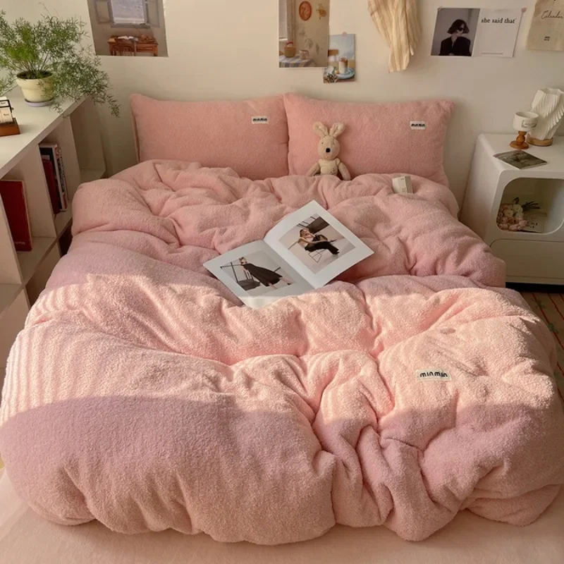 2024 new class A simple teddy milk fleece bed four-piece winter warm double-sided coral fleece bedding