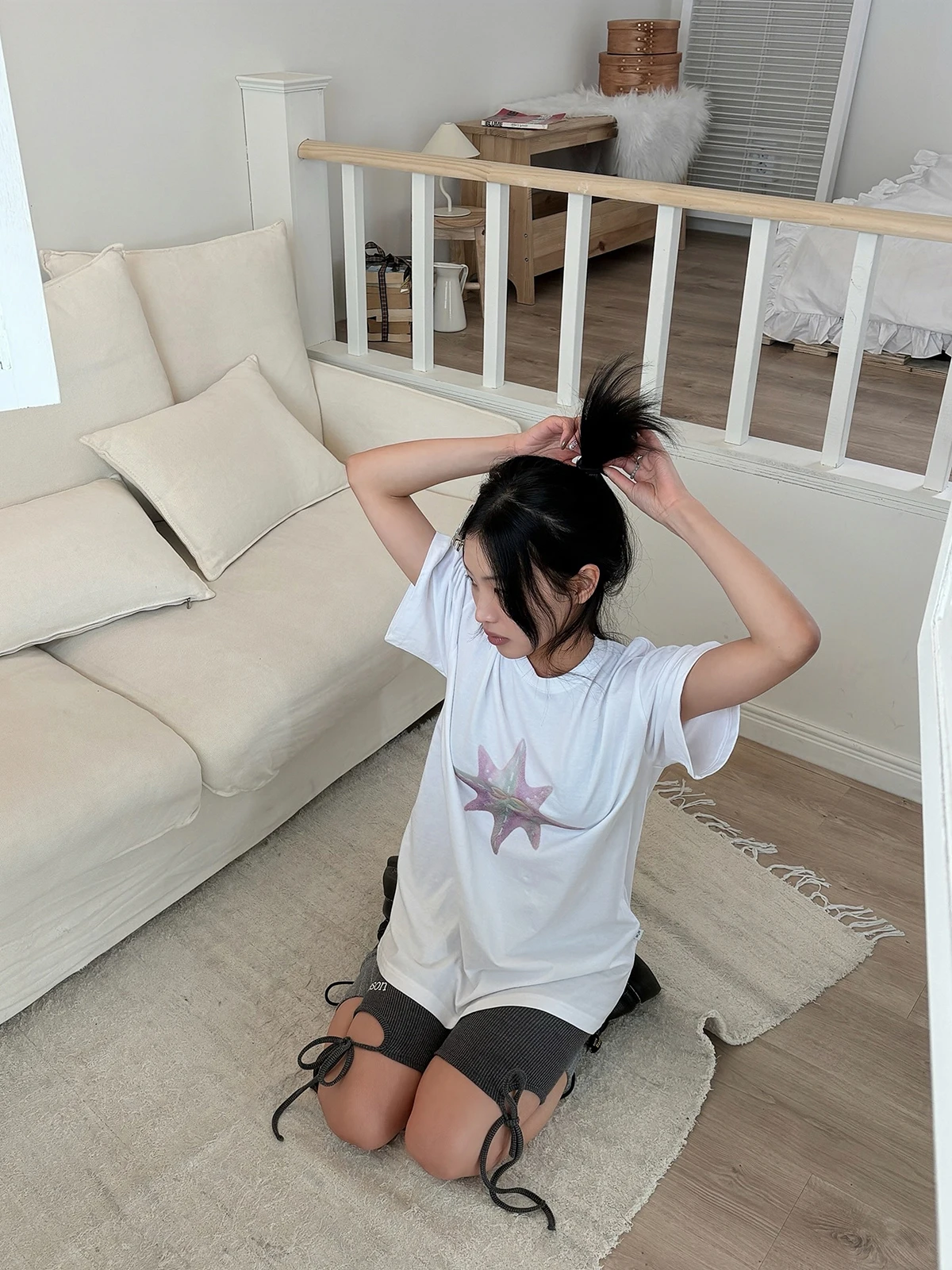 Summer Ins Style Cute Sea Star Pattern Printed Short Sleeve Loose Cotton T-Shirt Women's Casual Top Sakura Bean Pure Cotton
