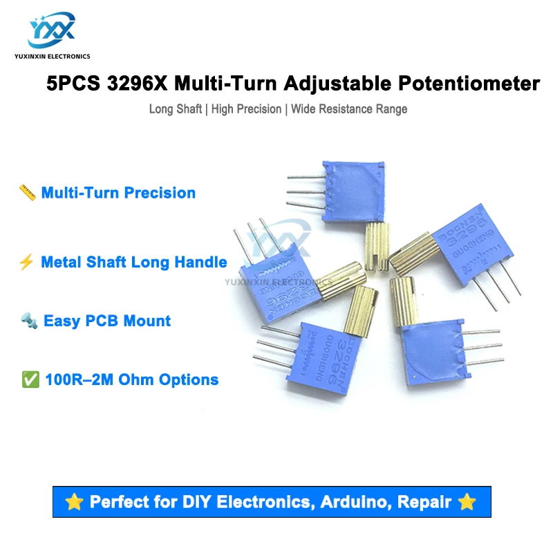 

5PCS 3296X multi-turn adjustable potentiometer 101 201 501 2K 1K 5K 10K 20K 50K 100K 200K 500K 1M Metal Shaft Long Handle