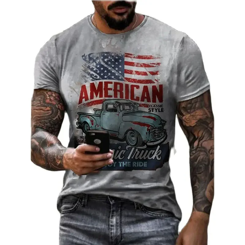 Motorcycle Vintage Classic 3D Harajuku Print Men\'s Punk Tough Guy Street Hip Hop Crew Neck Short Sleeve Summer Loose T-shirt Top