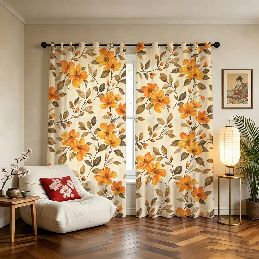 2 Panels Flower Printed Curtains Vintage Floral Digital Print Drapes For Bedroom Living Room Window Home Decor Aesthetics